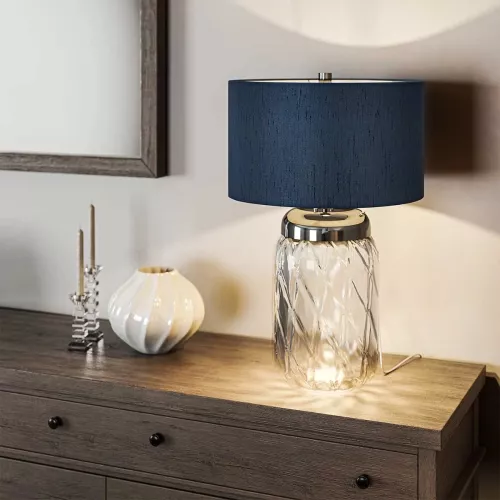Lampa stołowa Sola - 2 źródła światła - Polerowany nikiel - Niebieski abażur